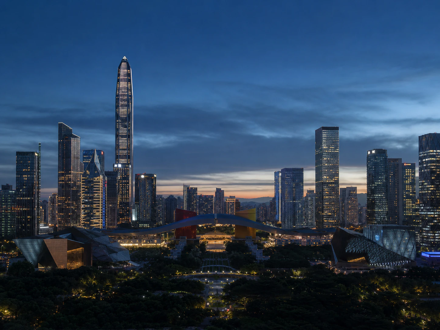 Futian skyline and Ping An Finance Centre at blue hour