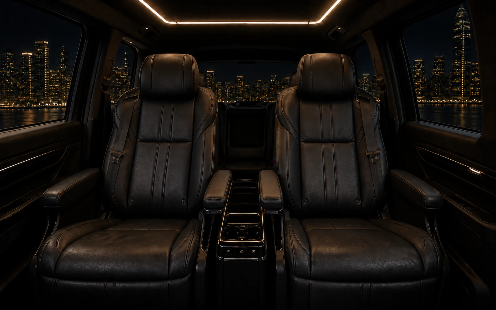 Two spacious black captain seats in a softly lit executive cabin