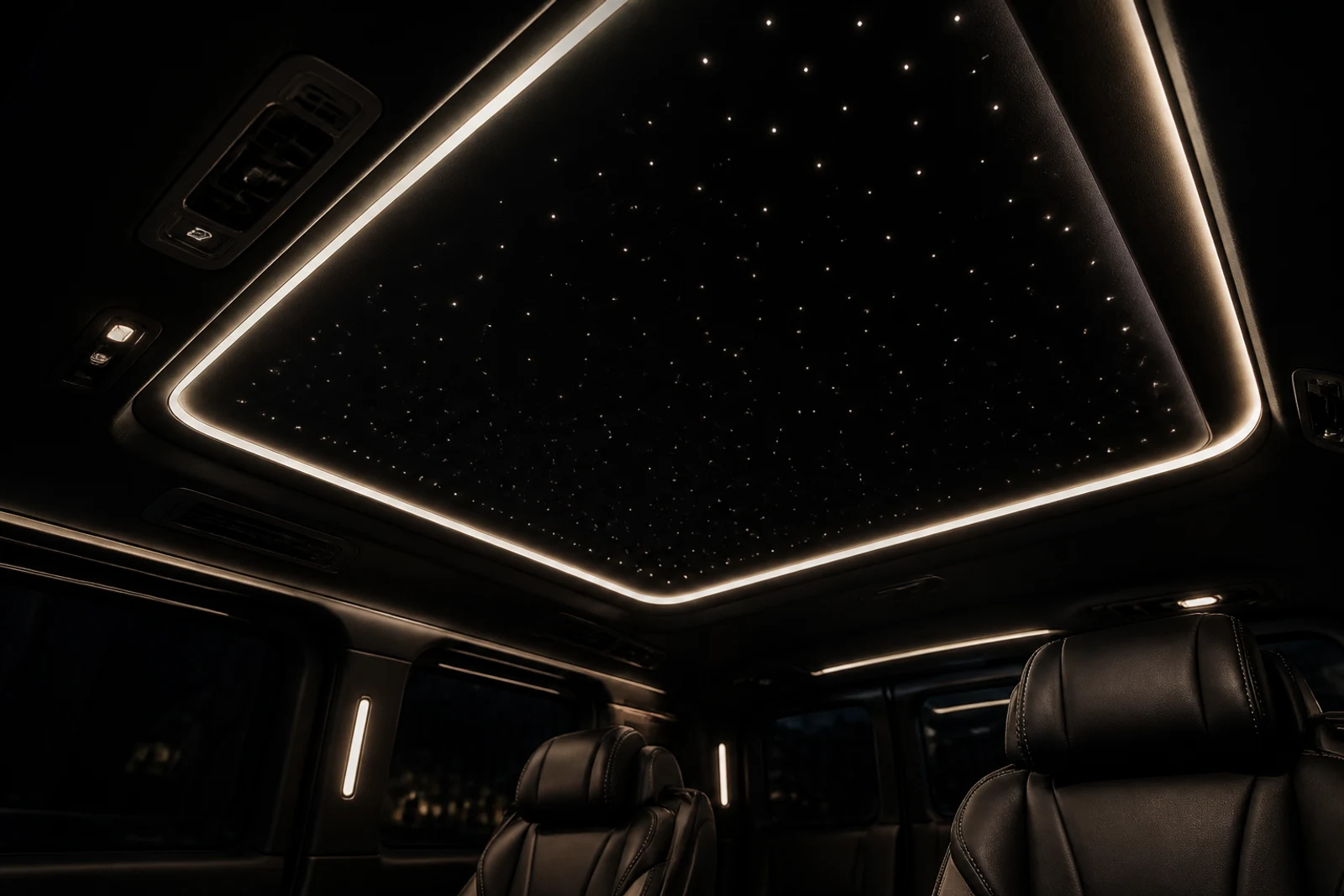 Warm ambient lighting and starlight headliner in an executive MPV