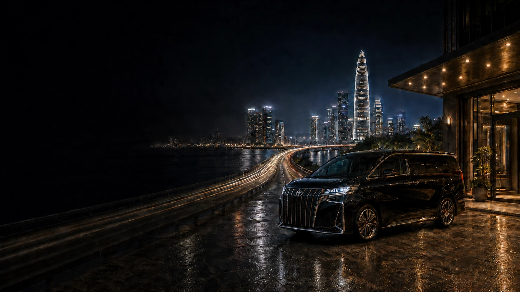 Executive MPV beside a Hong Kong and Shenzhen night skyline